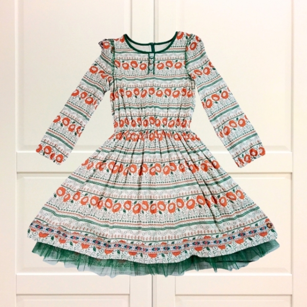 Floral Patterned Kids Dress - Green and Orange